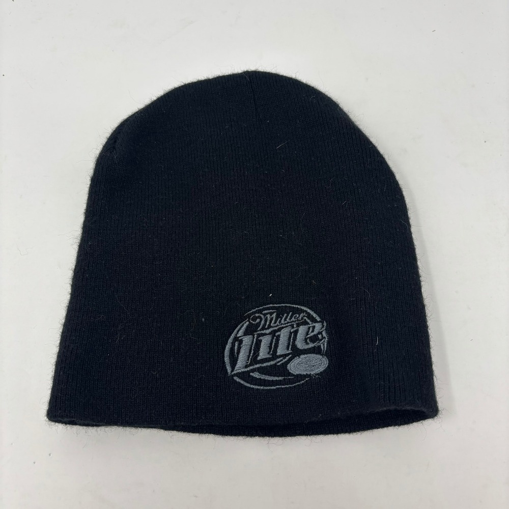 VTG Miller Lite Beanie Hat Mens OSFM Black Embroidered Logo Knit Cap